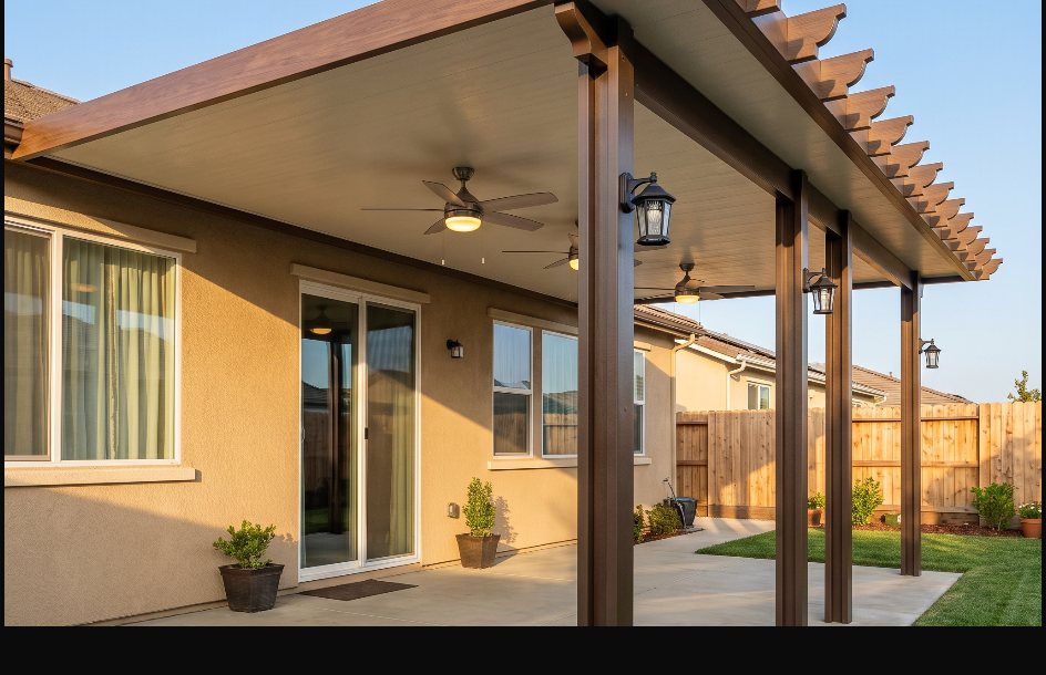 Custom covered patio with fans and lighting